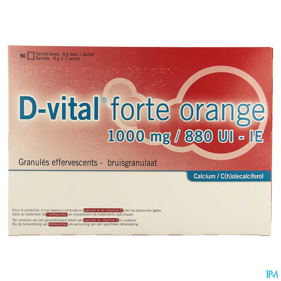 packshot van D Vital Forte 1000 mg Calcium en 880 IE Vitamine D3 Bruisgranulaat met Sinaasappelsmaak 90 Zakjes