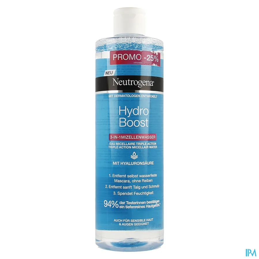packshot van Neutrogena Hydro Boost Triple Action Micellair Water voor Verwijdering van Make-Up, Hydratatie en Reiniging van Huid voor Gelaat en Ogen Promo Flacon 400 ml