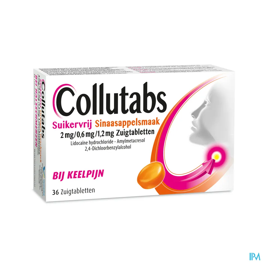 packshot van Collutabs Suikervrij Sinaasappelsmaak 2 mg/0,6 mg/1,2 mg 36 zuigtabletten