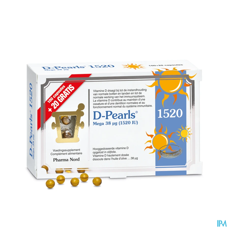 productshot van D-Pearls 1520 met 1520 IE Vitamine D Promopack 120 Capsules
