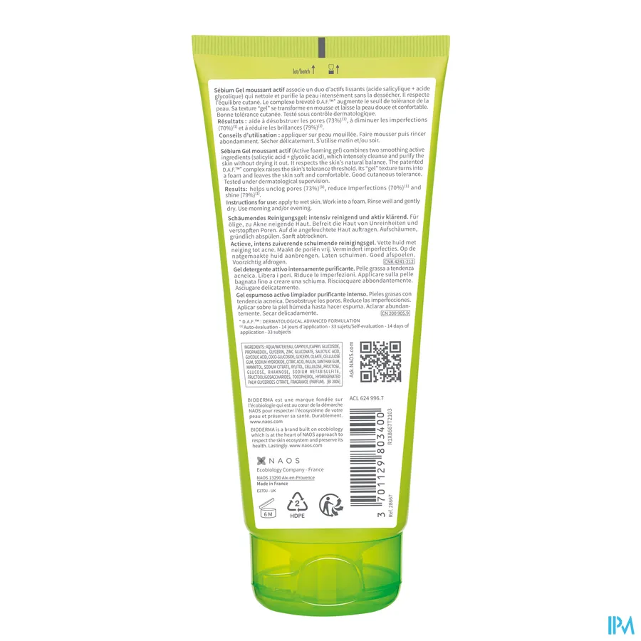 packshot van Bioderma Sebium Gel Moussant Actif Tube 200 ml