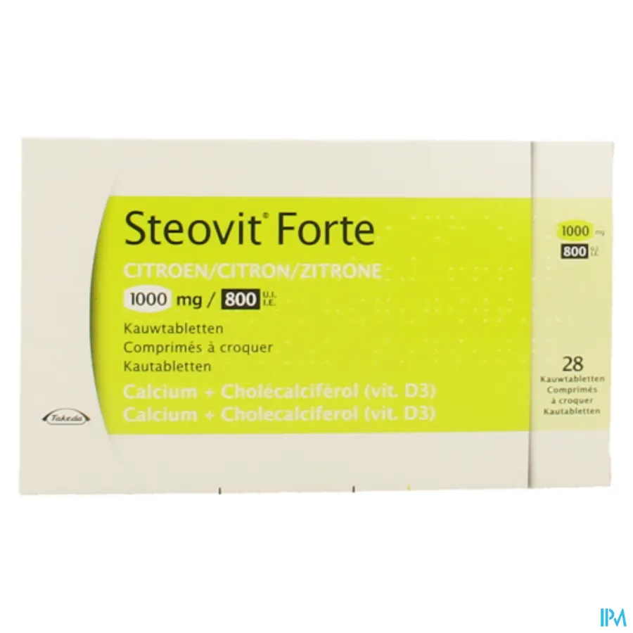 packshot van Steovit Forte 1000 mg Calcium + 800 IE Vitamine D3 Citroensmaak 28 Kauwtabletten