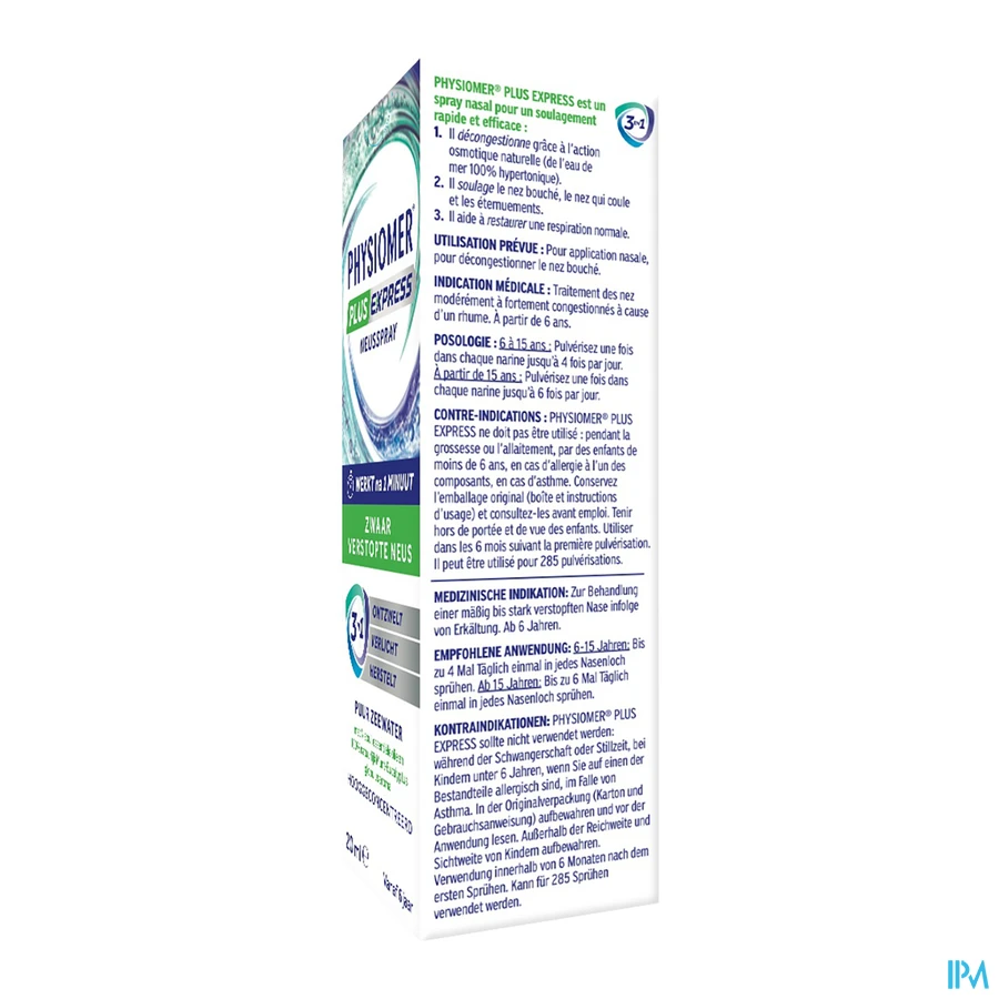 packshot van Physiomer Express tegen Neusverstopping met Hypertonisch Zeewater en Essentiële Oliën Spray 20 ml