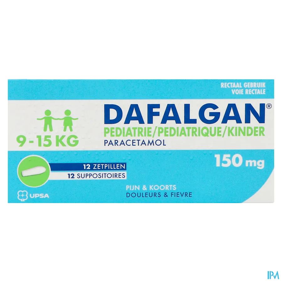 packshot van Dafalgan Pediatrie -Paracetamol 150 mg voor Kinderen van 10-15 kg- bij Pijn en Koorts 12 Zetpillen