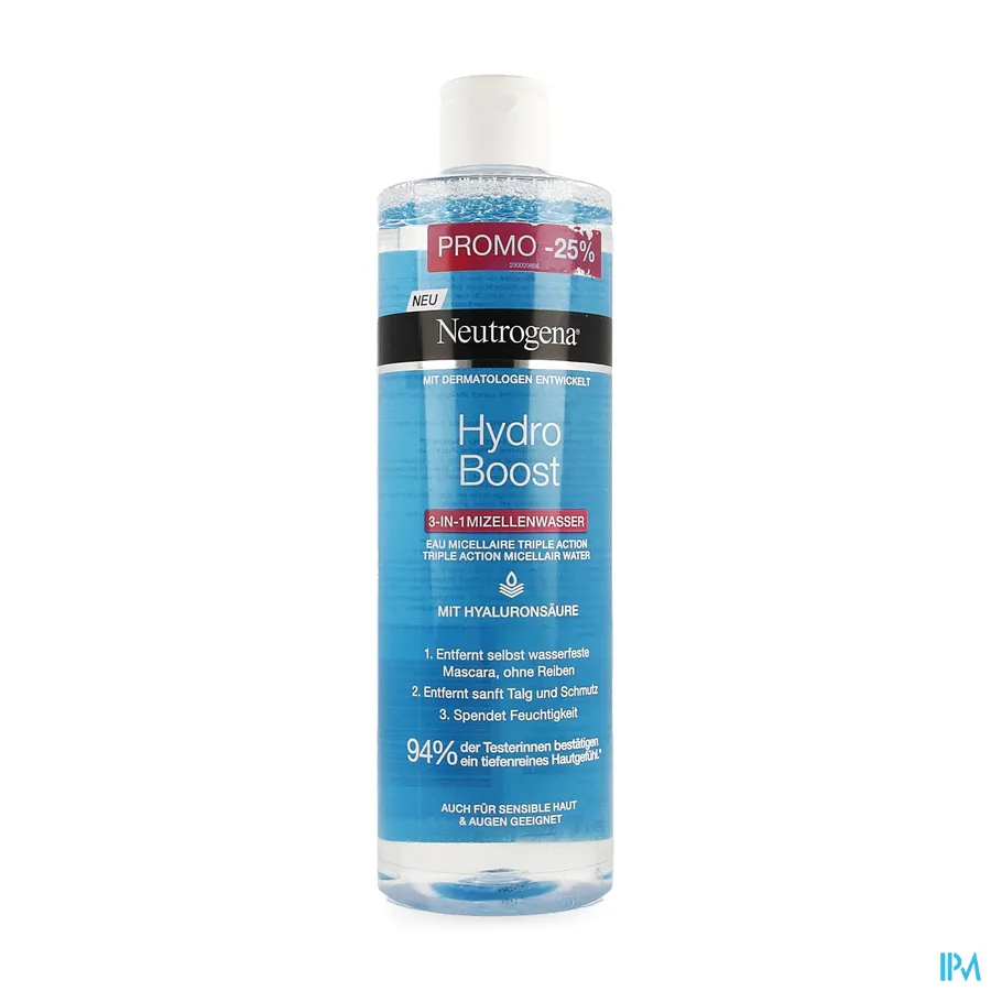 packshot van Neutrogena Hydro Boost Triple Action Micellair Water voor Verwijdering van Make-Up, Hydratatie en Reiniging van Huid voor Gelaat en Ogen Promo Flacon 400 ml