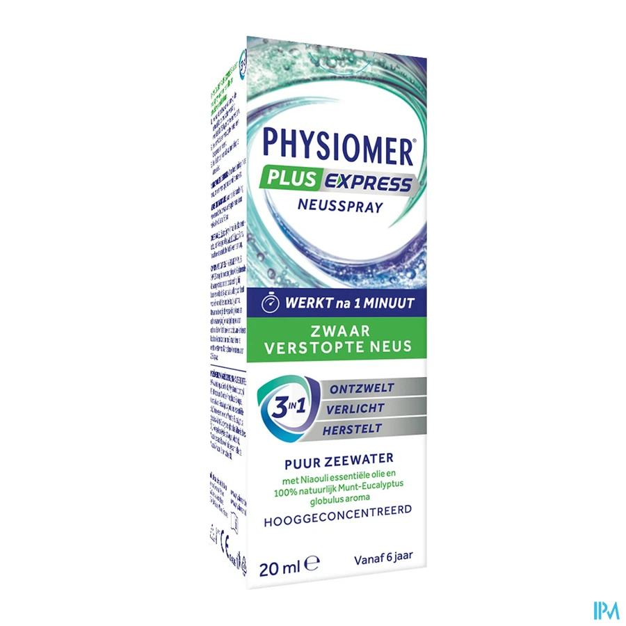 packshot van Physiomer Express tegen Neusverstopping met Hypertonisch Zeewater en Essentiële Oliën Spray 20 ml